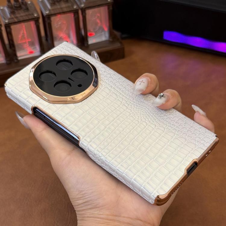 For Honor Magic V5 Electroplated Edge Dual Middle Axis Crocodile Texture Genuine Leather Phone Case