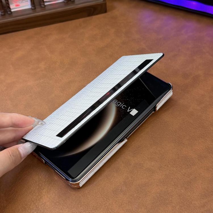 For Honor Magic V5 Electroplated Edge Dual Middle Axis Crocodile Texture Genuine Leather Phone Case
