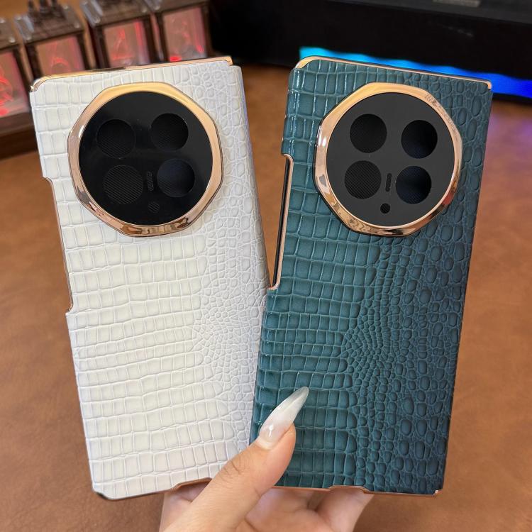 For Honor Magic V5 Electroplated Edge Dual Middle Axis Crocodile Texture Genuine Leather Phone Case