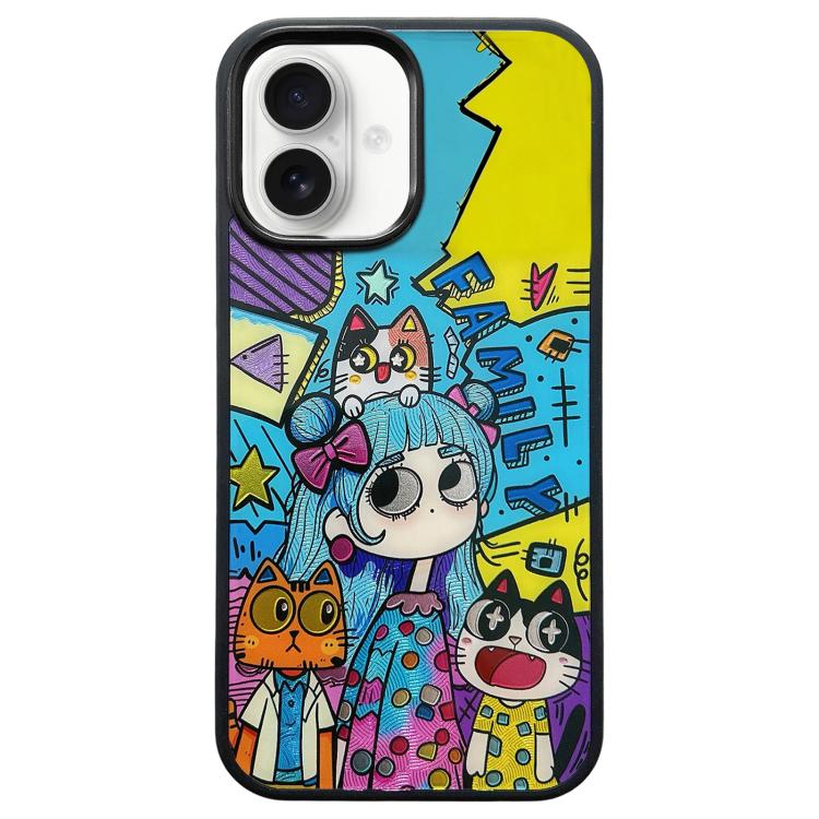 For iPhone 16 Cat and Girl Pattern PC Hybrid TPU Phone Case - Black
