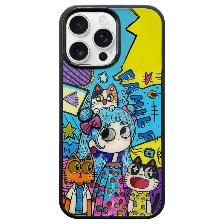 For iPhone 15 Pro Max Cat and Girl Pattern PC Hybrid TPU Phone Case - Black