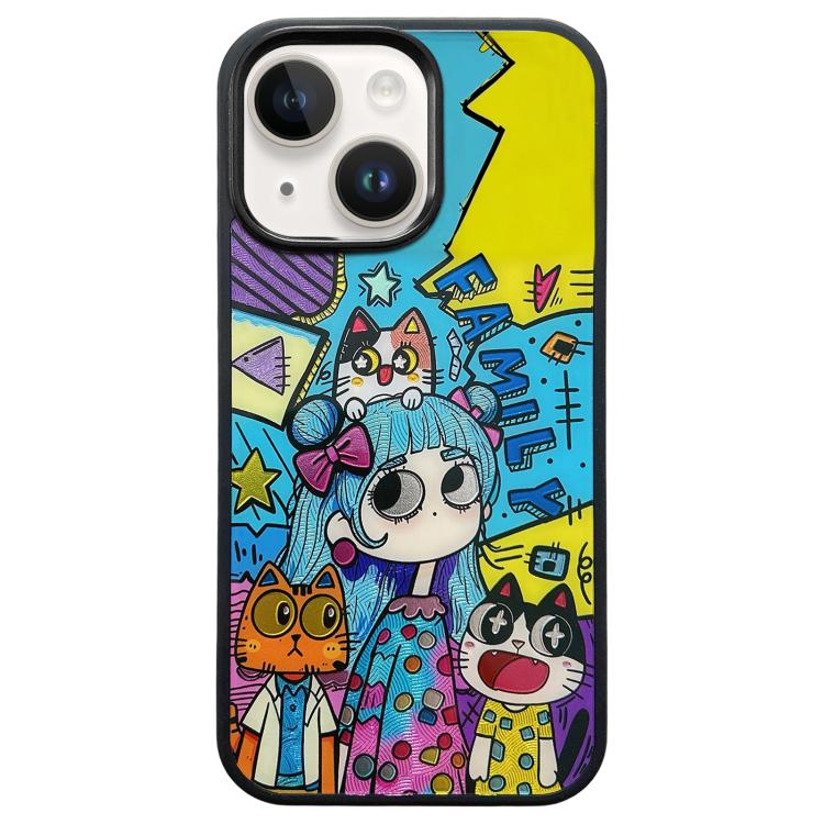 For iPhone 15 Cat and Girl Pattern PC Hybrid TPU Phone Case - Black