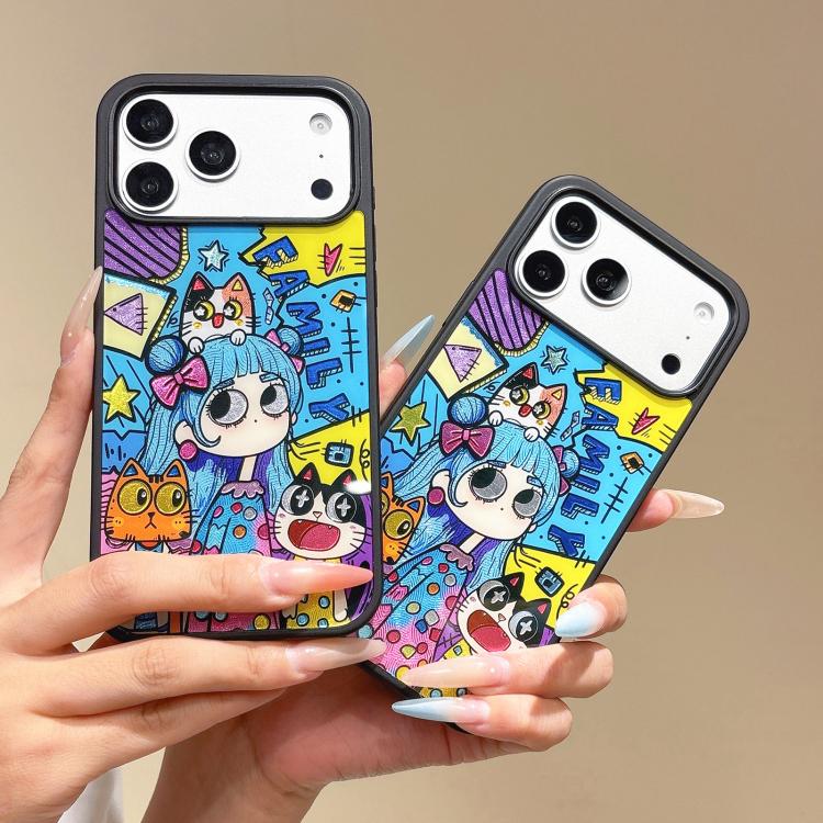 For iPhone 14 Pro Cat and Girl Pattern PC Hybrid TPU Phone Case - Black