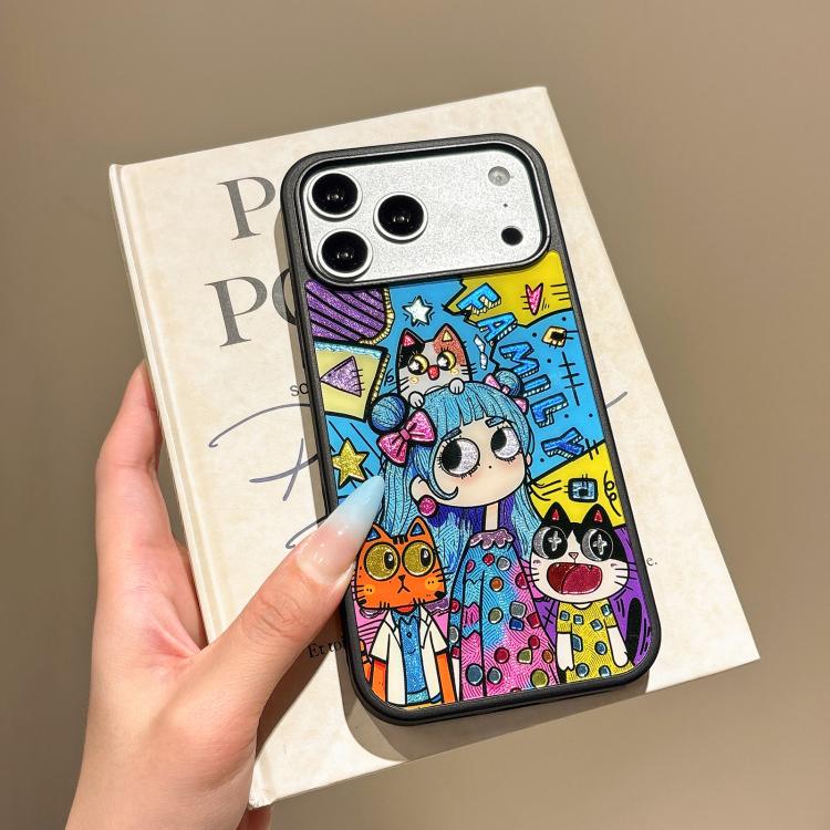 For iPhone 14 Pro Cat and Girl Pattern PC Hybrid TPU Phone Case - Black