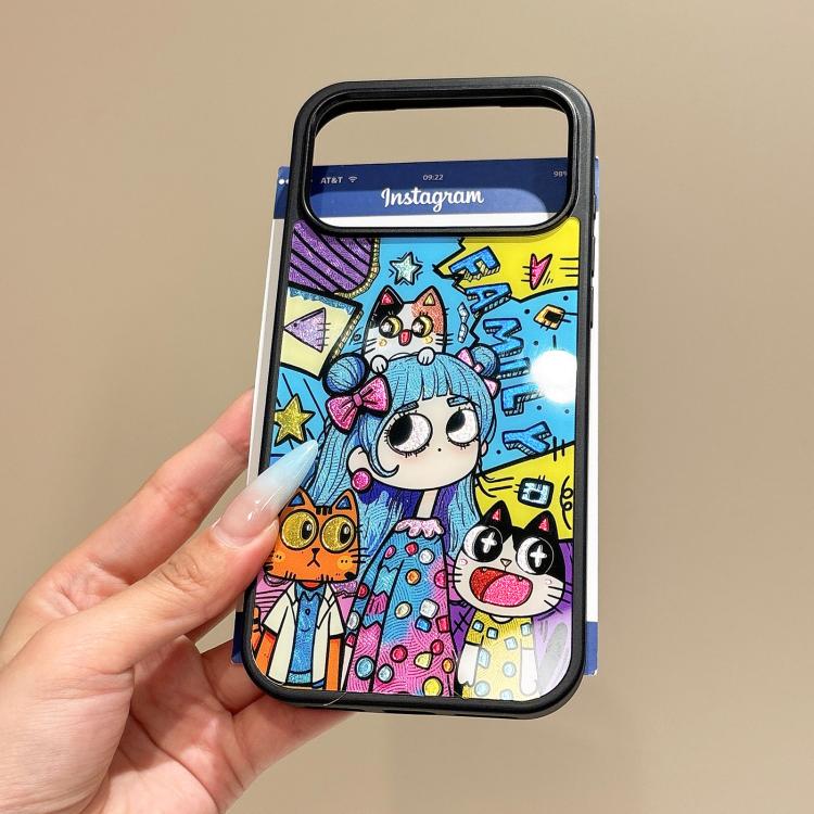 For iPhone 16 Pro Cat and Girl Pattern PC Hybrid TPU Phone Case - Black