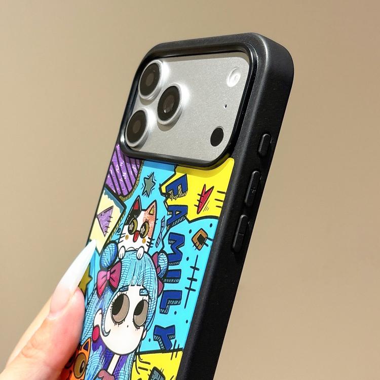 For iPhone 14 Pro Cat and Girl Pattern PC Hybrid TPU Phone Case - Black