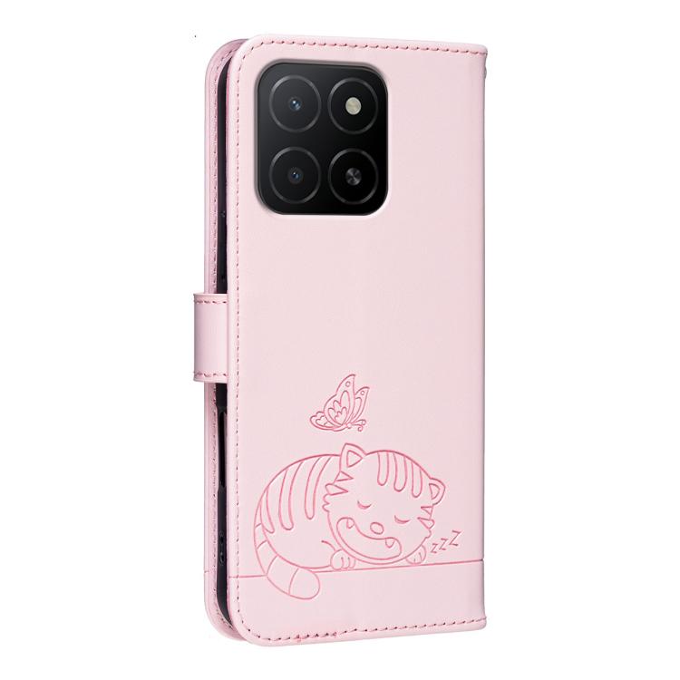 For Honor X5b Cat Butterfly Embossed RFID Vegan Leather Phone Case with Strap