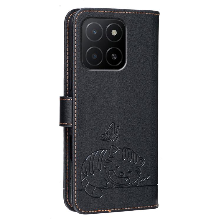 For Honor X5b Cat Butterfly Embossed RFID Vegan Leather Phone Case with Strap