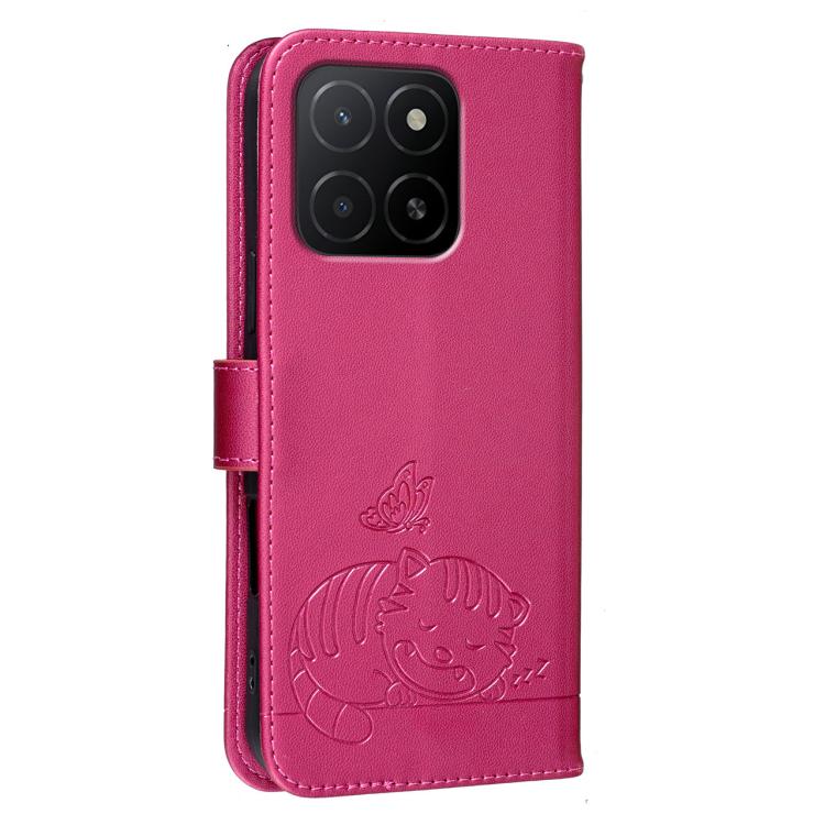 For Honor X5b Cat Butterfly Embossed RFID Vegan Leather Phone Case with Strap