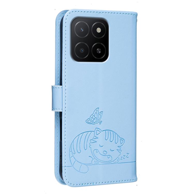 For Honor X5b Cat Butterfly Embossed RFID Vegan Leather Phone Case with Strap