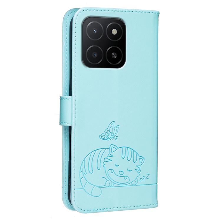 For Honor X5b Cat Butterfly Embossed RFID Vegan Leather Phone Case with Strap