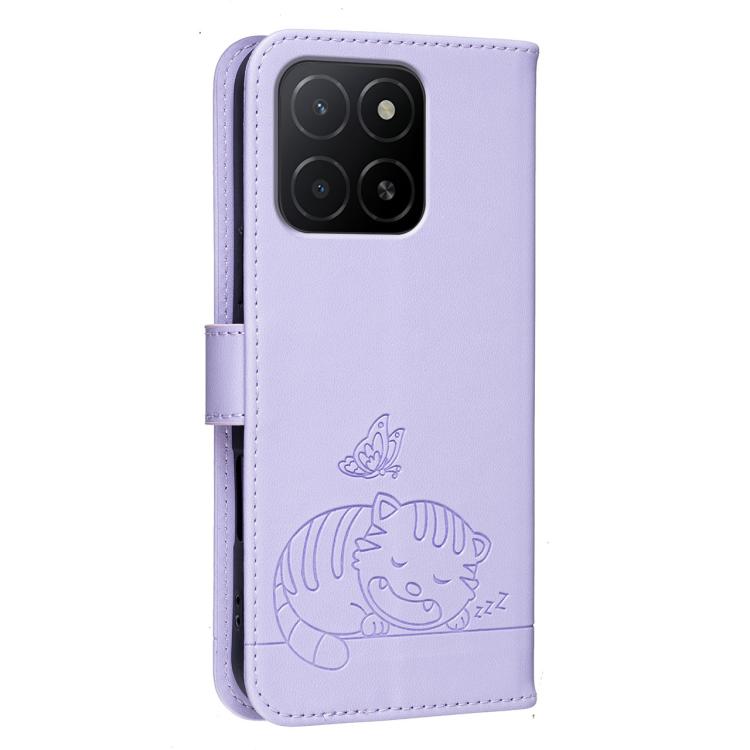 For Honor X5b Cat Butterfly Embossed RFID Vegan Leather Phone Case with Strap