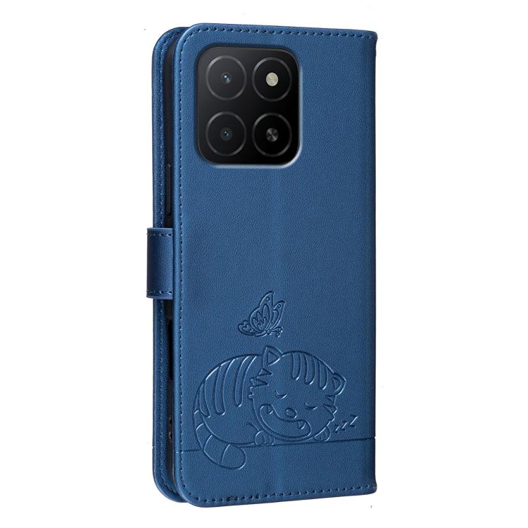 For Honor X5b Cat Butterfly Embossed RFID Vegan Leather Phone Case with Strap
