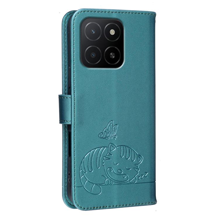 For Honor X5b Cat Butterfly Embossed RFID Vegan Leather Phone Case with Strap