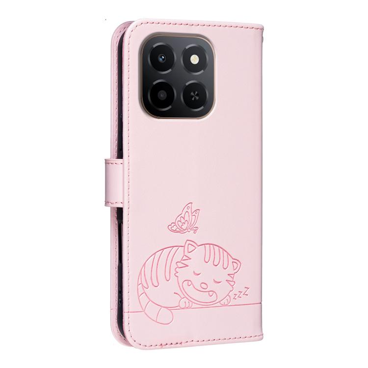 For Honor X6c 4G Cat Butterfly Embossed RFID Vegan Leather Phone Case with Strap