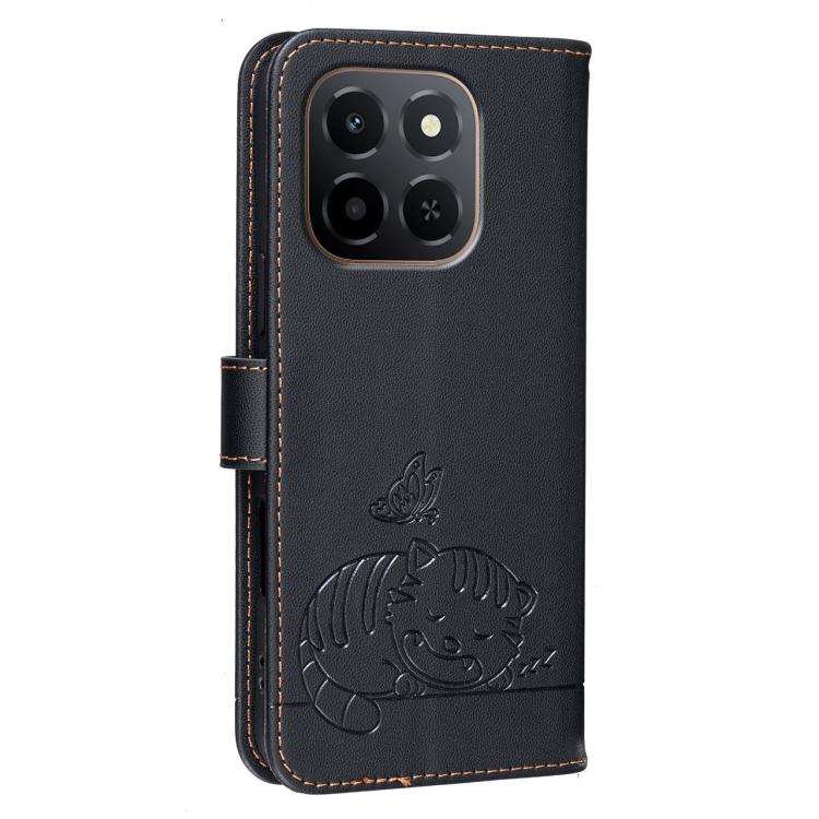 For Honor X6c 4G Cat Butterfly Embossed RFID Vegan Leather Phone Case with Strap