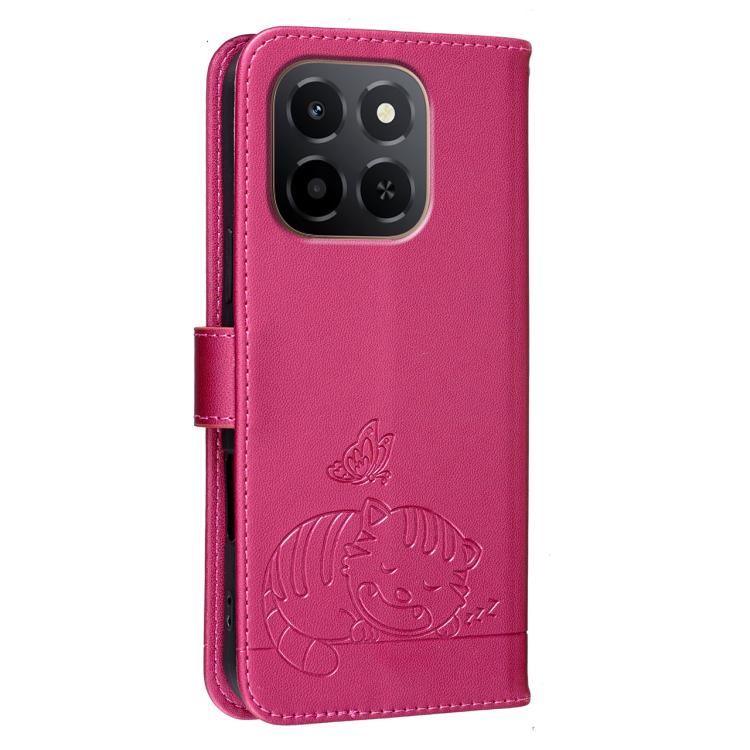 For Honor X6c 4G Cat Butterfly Embossed RFID Vegan Leather Phone Case with Strap