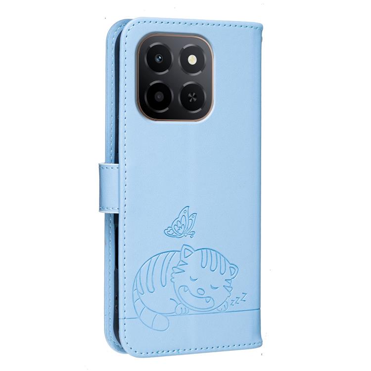 For Honor X6c 4G Cat Butterfly Embossed RFID Vegan Leather Phone Case with Strap