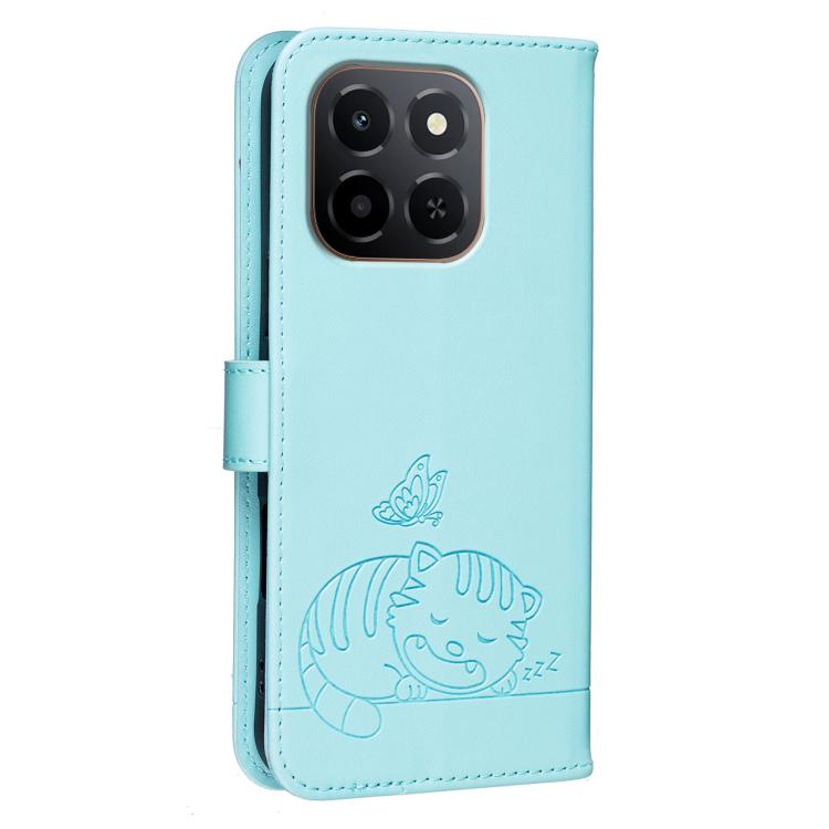 For Honor X6c 4G Cat Butterfly Embossed RFID Vegan Leather Phone Case with Strap