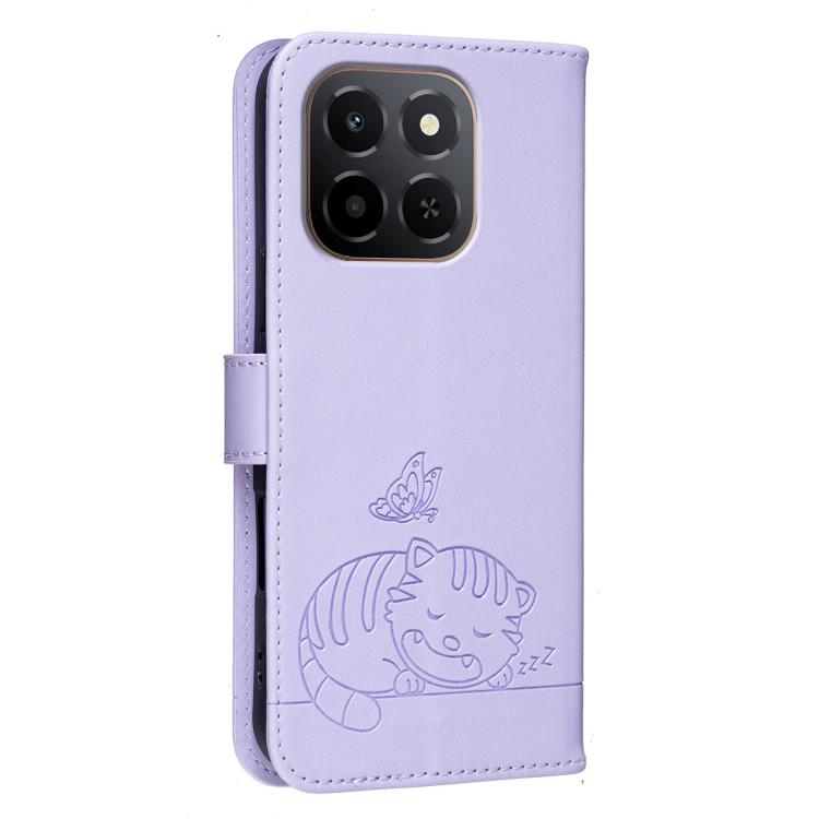 For Honor X6c 4G Cat Butterfly Embossed RFID Vegan Leather Phone Case with Strap