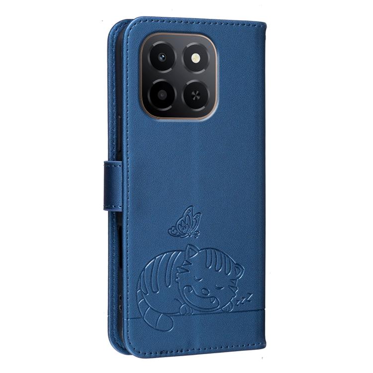 For Honor X6c 4G Cat Butterfly Embossed RFID Vegan Leather Phone Case with Strap