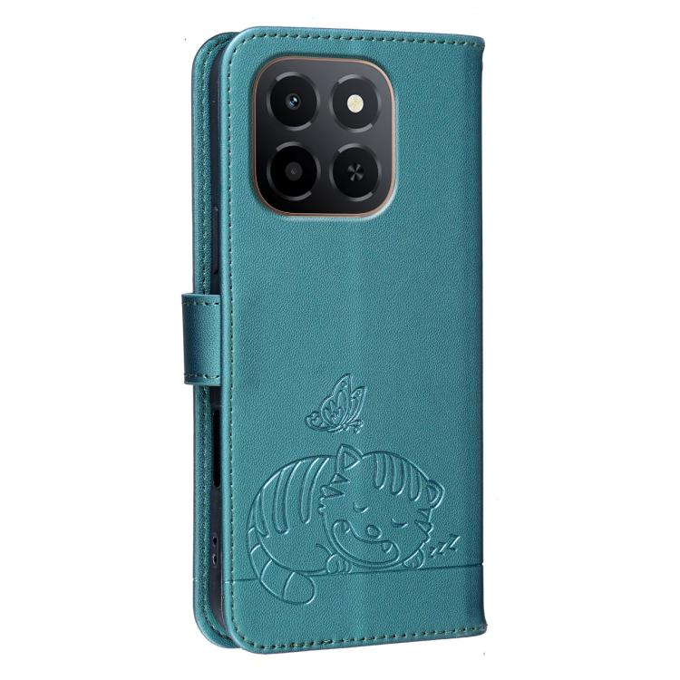 For Honor X6c 4G Cat Butterfly Embossed RFID Vegan Leather Phone Case with Strap