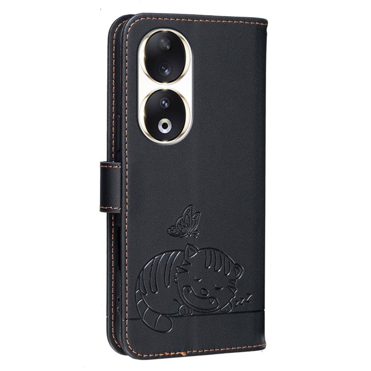 For Honor 90 Cat Butterfly Embossed RFID Vegan Leather Phone Case with Strap