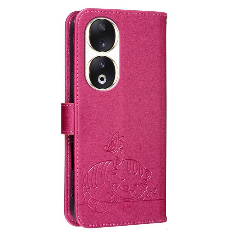 For Honor 90 Cat Butterfly Embossed RFID Vegan Leather Phone Case with Strap