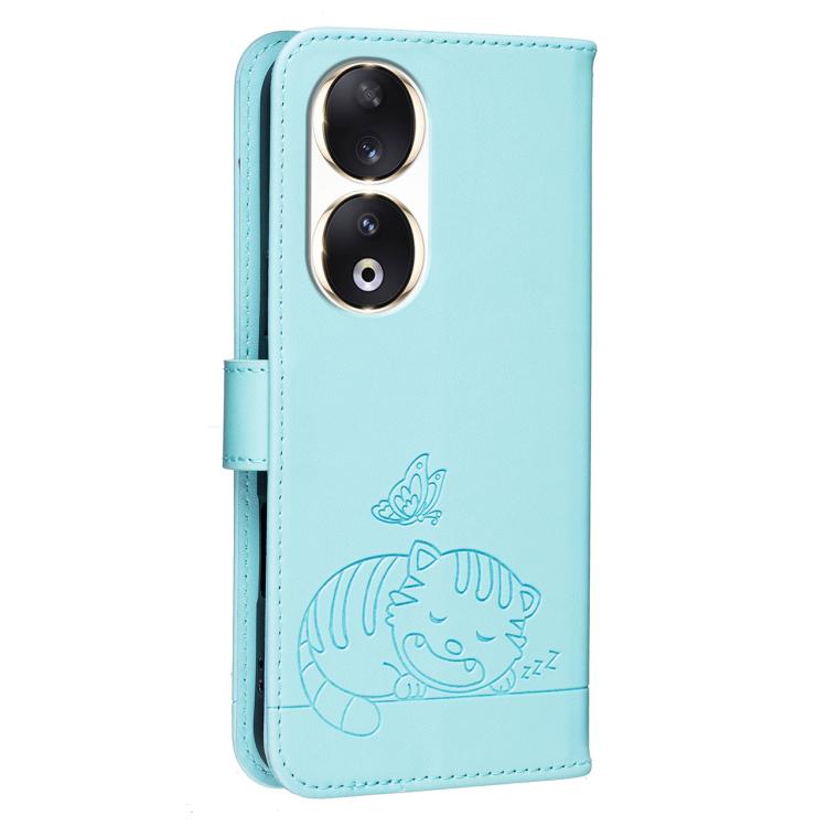 For Honor 90 Cat Butterfly Embossed RFID Vegan Leather Phone Case with Strap