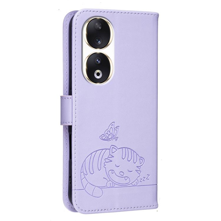 For Honor 90 Cat Butterfly Embossed RFID Vegan Leather Phone Case with Strap