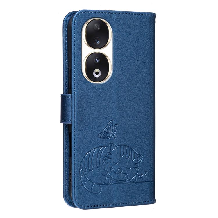 For Honor 90 Cat Butterfly Embossed RFID Vegan Leather Phone Case with Strap