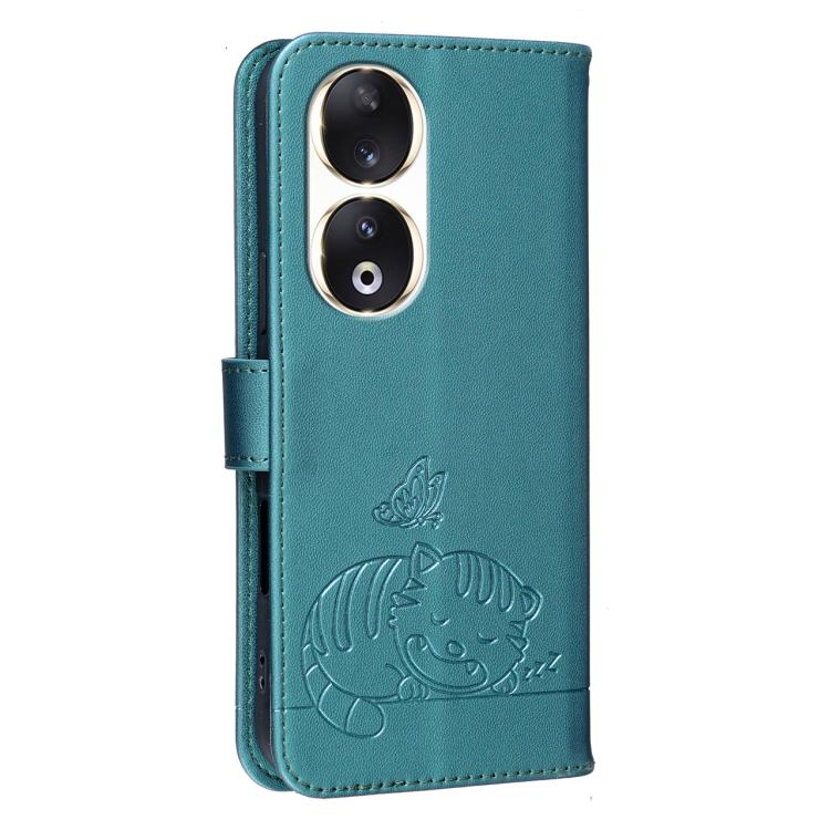 For Honor 90 Cat Butterfly Embossed RFID Vegan Leather Phone Case with Strap