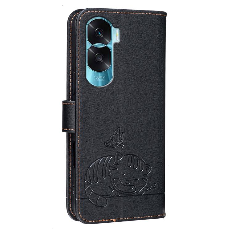 For Honor 90 Lite 5G / X50i 5G Cat Butterfly Embossed RFID Vegan Leather Phone Case with Strap