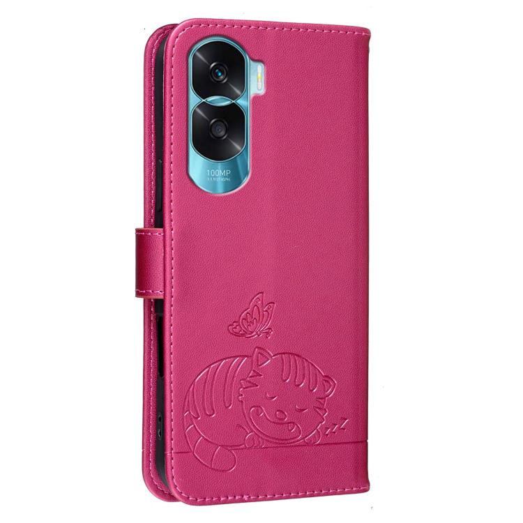 For Honor 90 Lite 5G / X50i 5G Cat Butterfly Embossed RFID Vegan Leather Phone Case with Strap