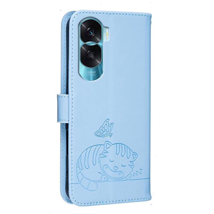 For Honor 90 Lite 5G / X50i 5G Cat Butterfly Embossed RFID Vegan Leather Phone Case with Strap