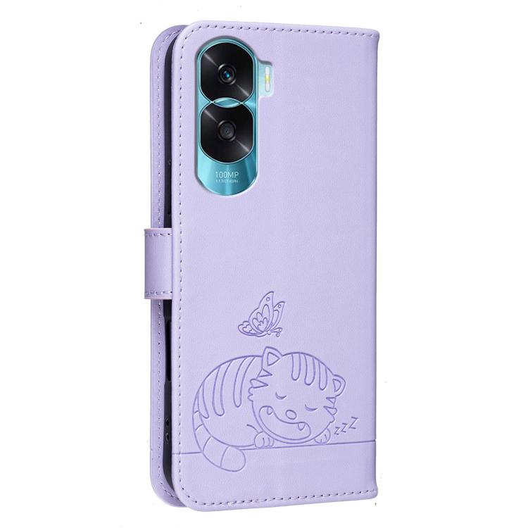 For Honor 90 Lite 5G / X50i 5G Cat Butterfly Embossed RFID Vegan Leather Phone Case with Strap