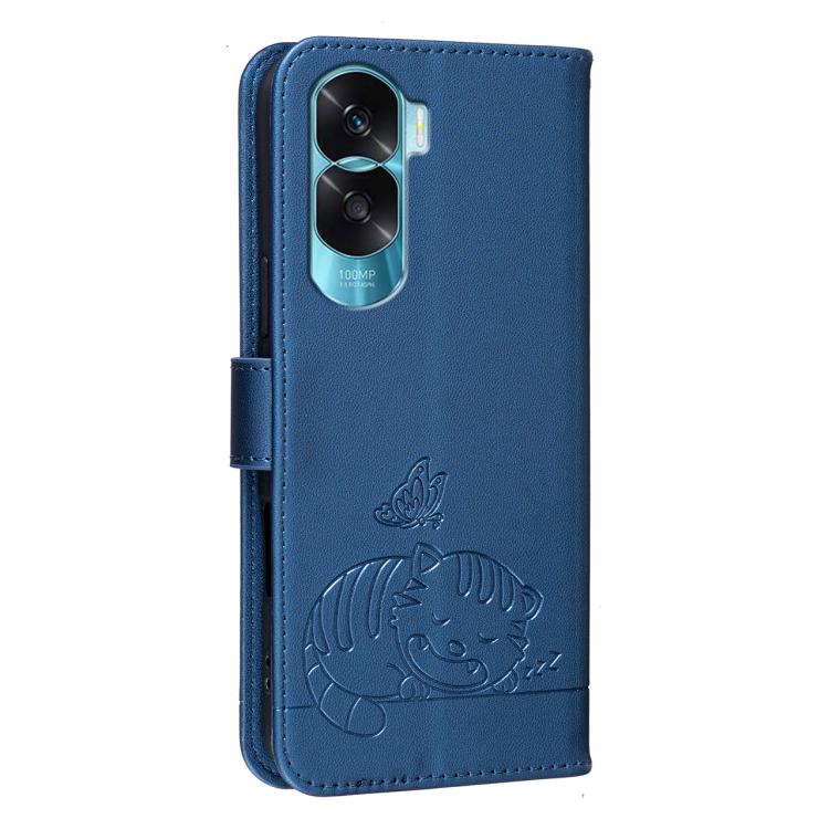 For Honor 90 Lite 5G / X50i 5G Cat Butterfly Embossed RFID Vegan Leather Phone Case with Strap