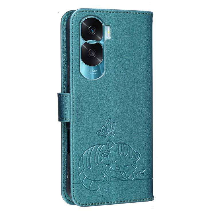 For Honor 90 Lite 5G / X50i 5G Cat Butterfly Embossed RFID Vegan Leather Phone Case with Strap