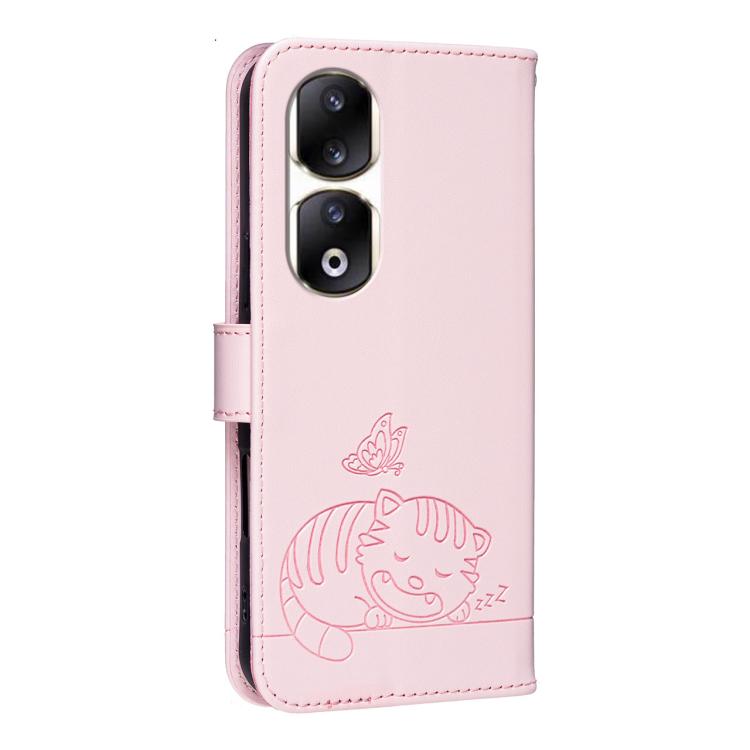 For Honor 90 Pro Cat Butterfly Embossed RFID Vegan Leather Phone Case with Strap