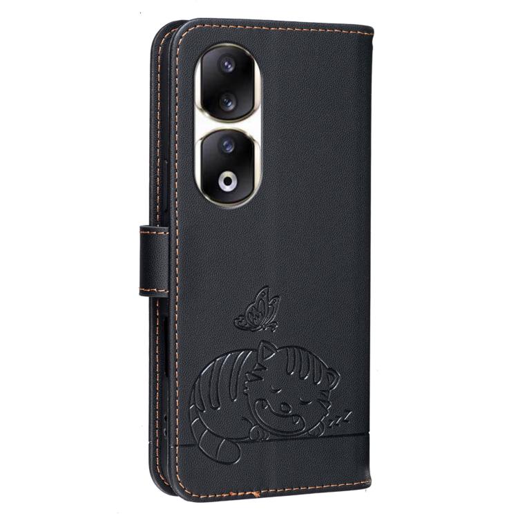 For Honor 90 Pro Cat Butterfly Embossed RFID Vegan Leather Phone Case with Strap
