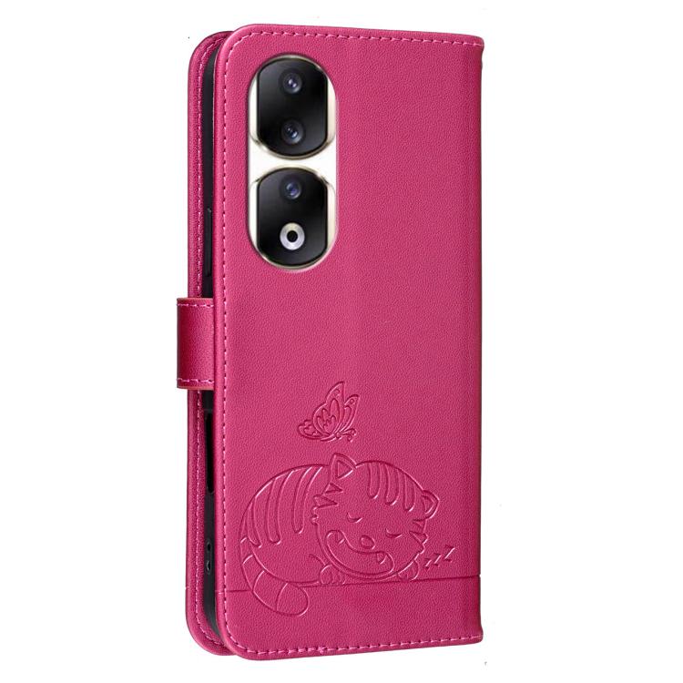 For Honor 90 Pro Cat Butterfly Embossed RFID Vegan Leather Phone Case with Strap