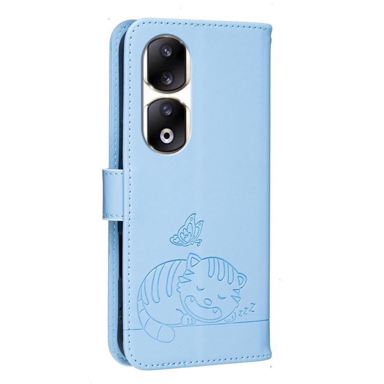 For Honor 90 Pro Cat Butterfly Embossed RFID Vegan Leather Phone Case with Strap