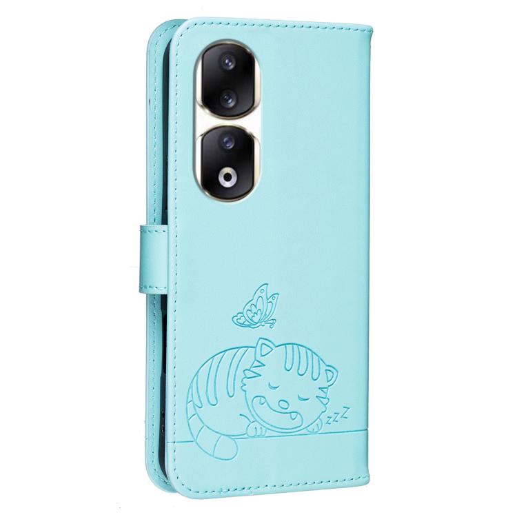 For Honor 90 Pro Cat Butterfly Embossed RFID Vegan Leather Phone Case with Strap