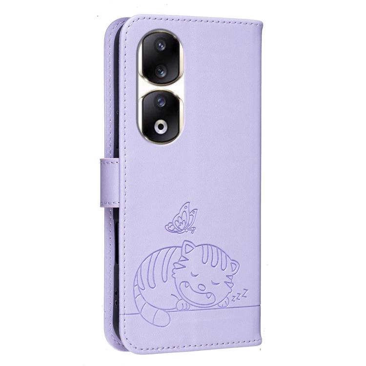 For Honor 90 Pro Cat Butterfly Embossed RFID Vegan Leather Phone Case with Strap