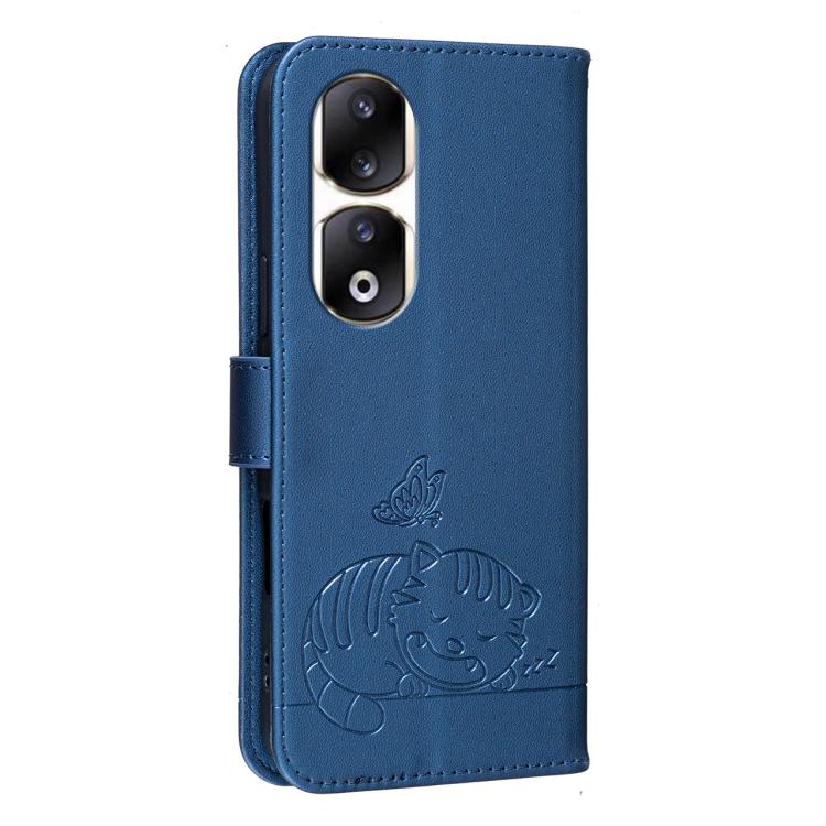 For Honor 90 Pro Cat Butterfly Embossed RFID Vegan Leather Phone Case with Strap