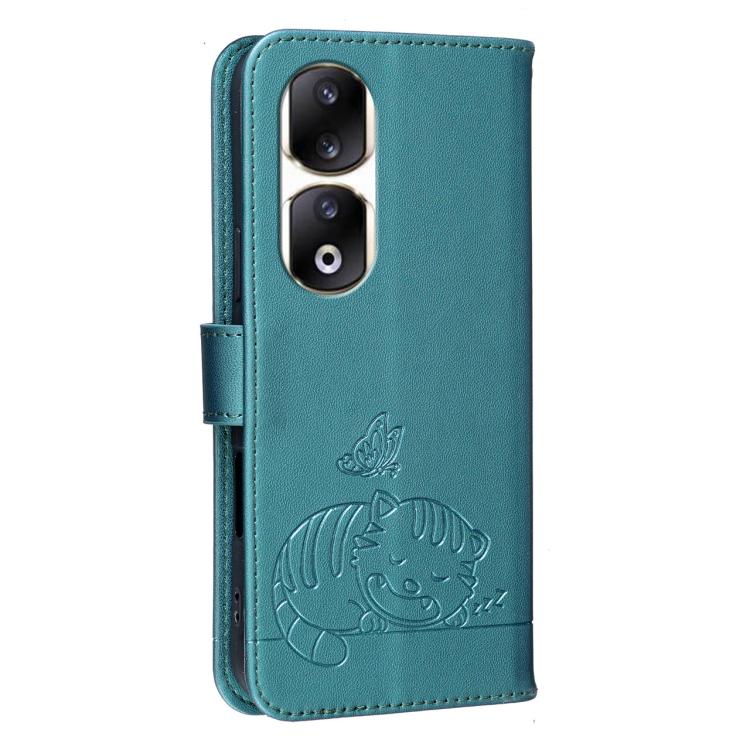 For Honor 90 Pro Cat Butterfly Embossed RFID Vegan Leather Phone Case with Strap