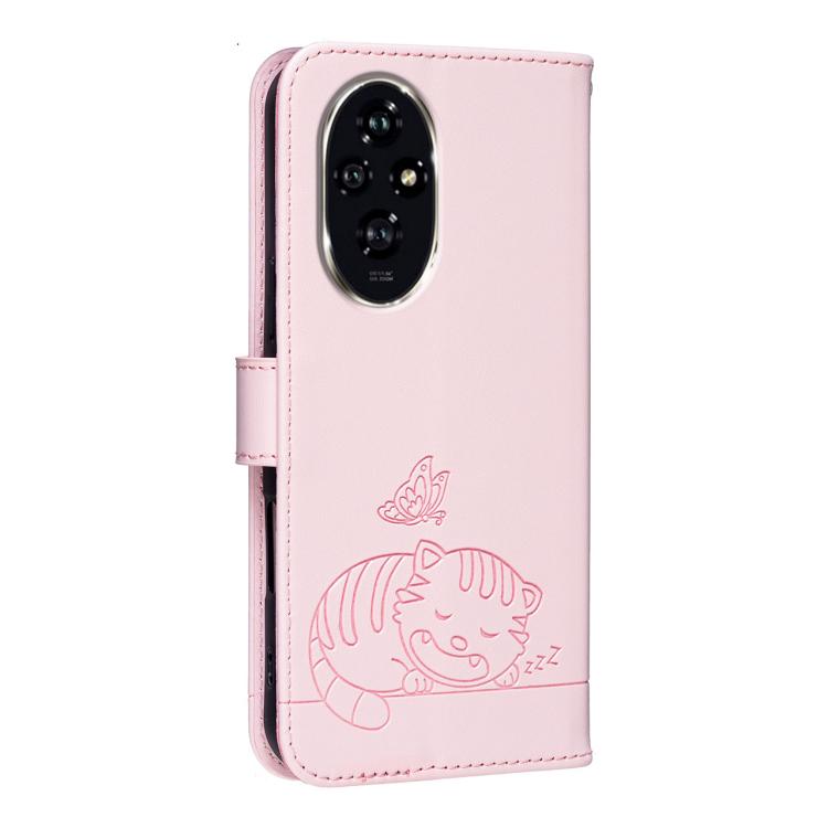 For Honor 200 Cat Butterfly Embossed RFID Vegan Leather Phone Case with Strap