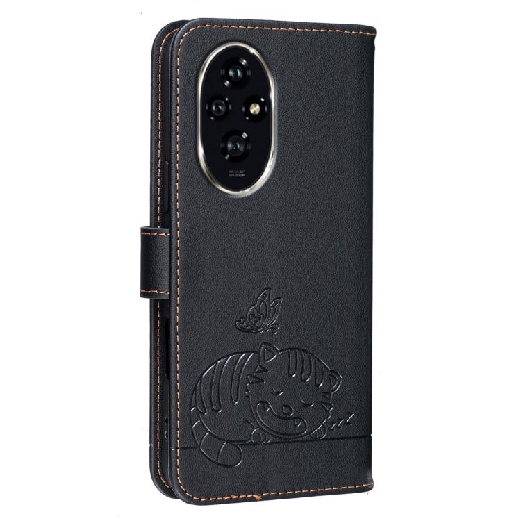 For Honor 200 Cat Butterfly Embossed RFID Vegan Leather Phone Case with Strap