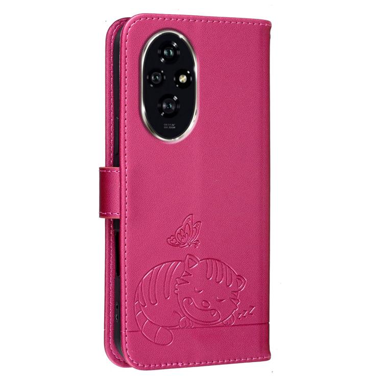 For Honor 200 Cat Butterfly Embossed RFID Vegan Leather Phone Case with Strap