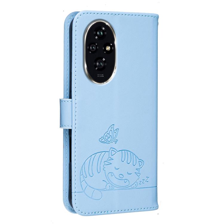 For Honor 200 Cat Butterfly Embossed RFID Vegan Leather Phone Case with Strap